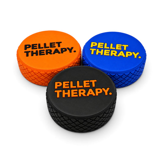 Three screw-top pellet storage pots: orange, blue, and black logo lids.