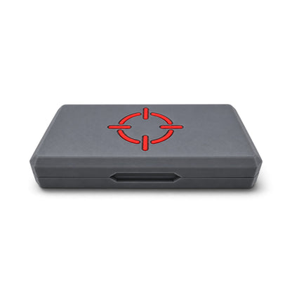 Grey magnetic pellet tin storage case with red crosshair logo and snap latch