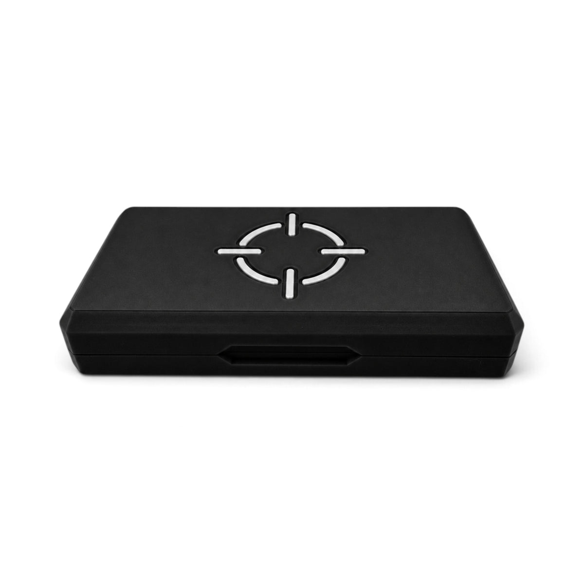 Black magnetic pellet tin storage case with white crosshair logo and latch slot