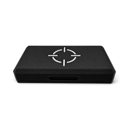 Black magnetic pellet tin storage case with white crosshair logo and latch slot