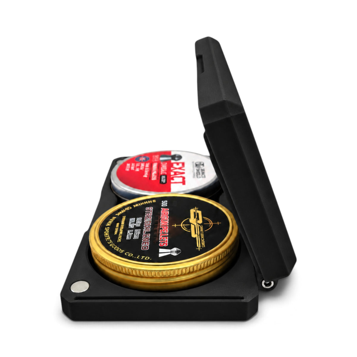Black open pellet tin storage case with hinged lid and two round pellet tins