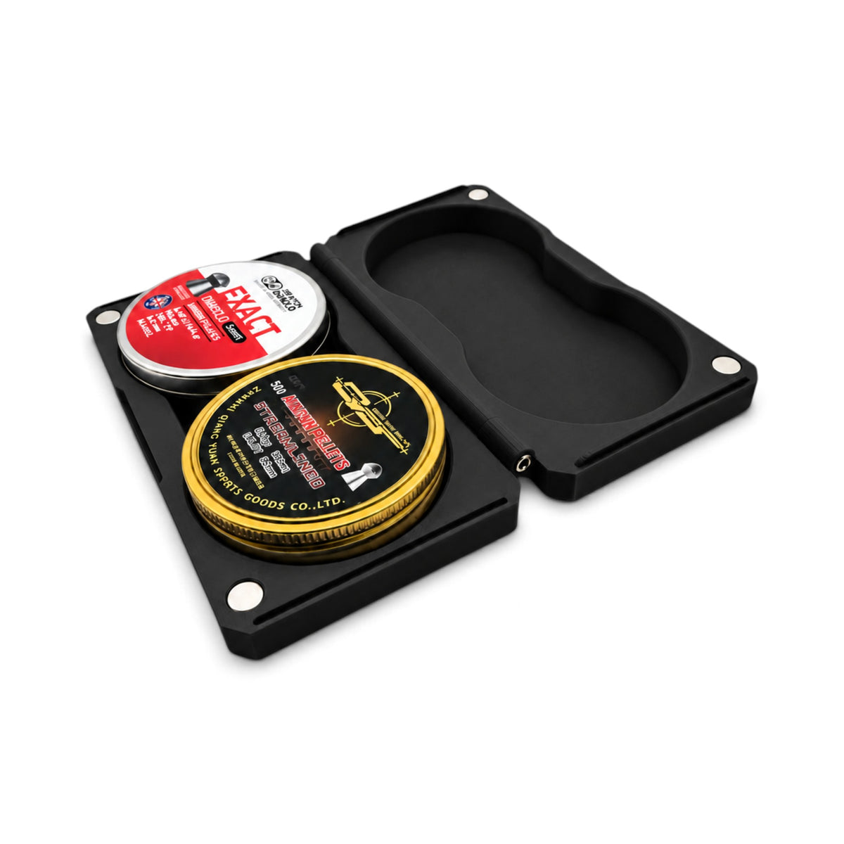 Black open pellet tin storage base with molded insert holding two round tins