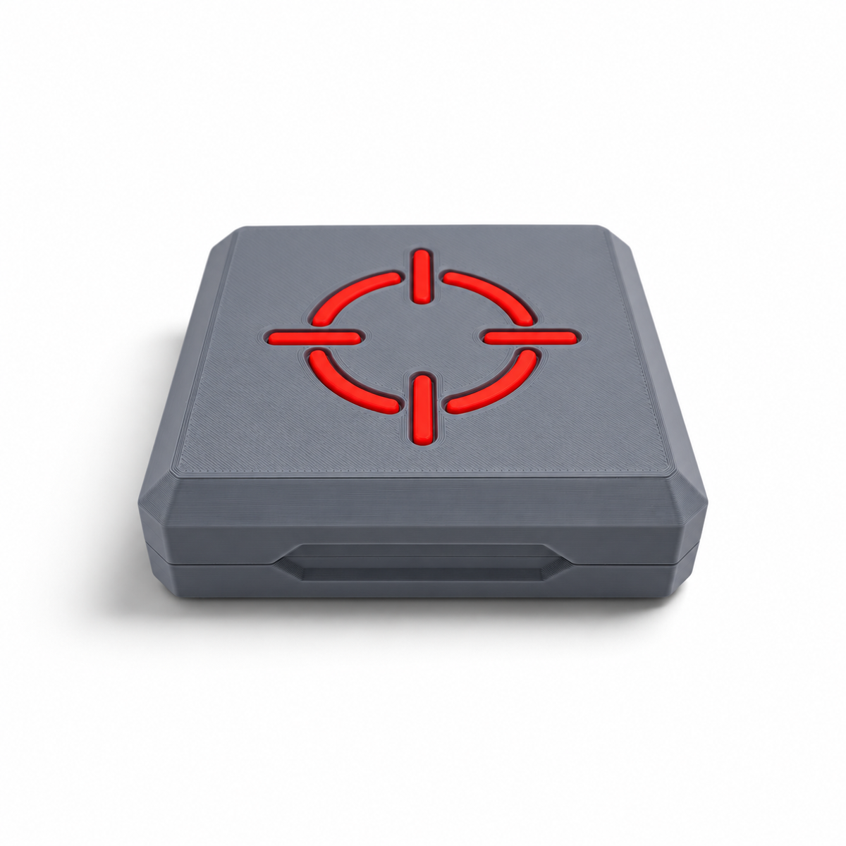 Grey magnetic storage case with red crosshair icon