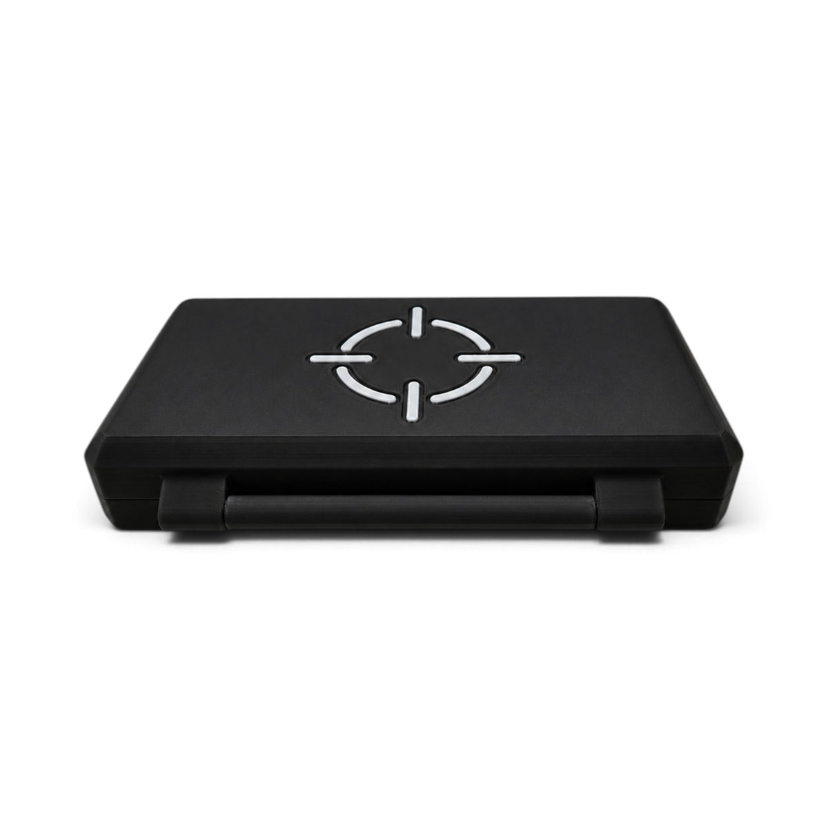 Black magnetic pellet tin storage case with white crosshair logo and hinged lid