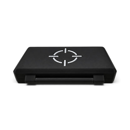 Black magnetic pellet tin storage case with white crosshair logo and hinged lid