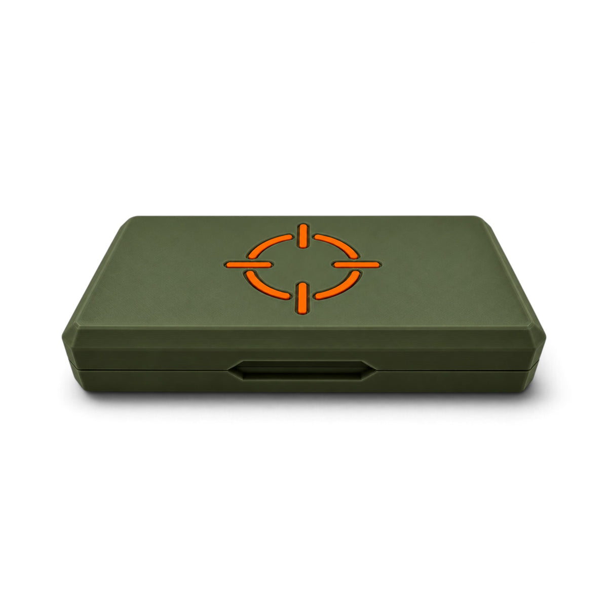 Olive green magnetic pellet tin storage case with orange crosshair logo and snap latch