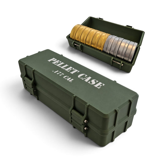 Military-style pellet tin storage case with hinged lid, latch, and stacked tins