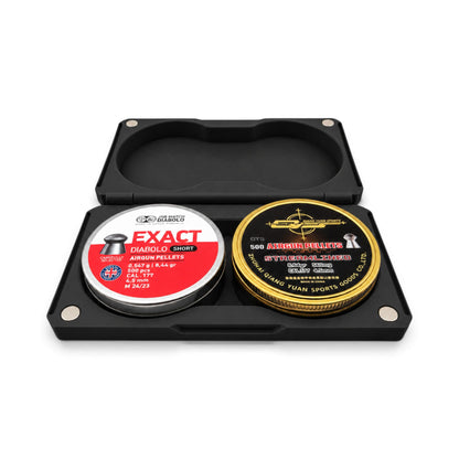 Black open pellet tin storage case with two labeled round pellet tins in molded tray