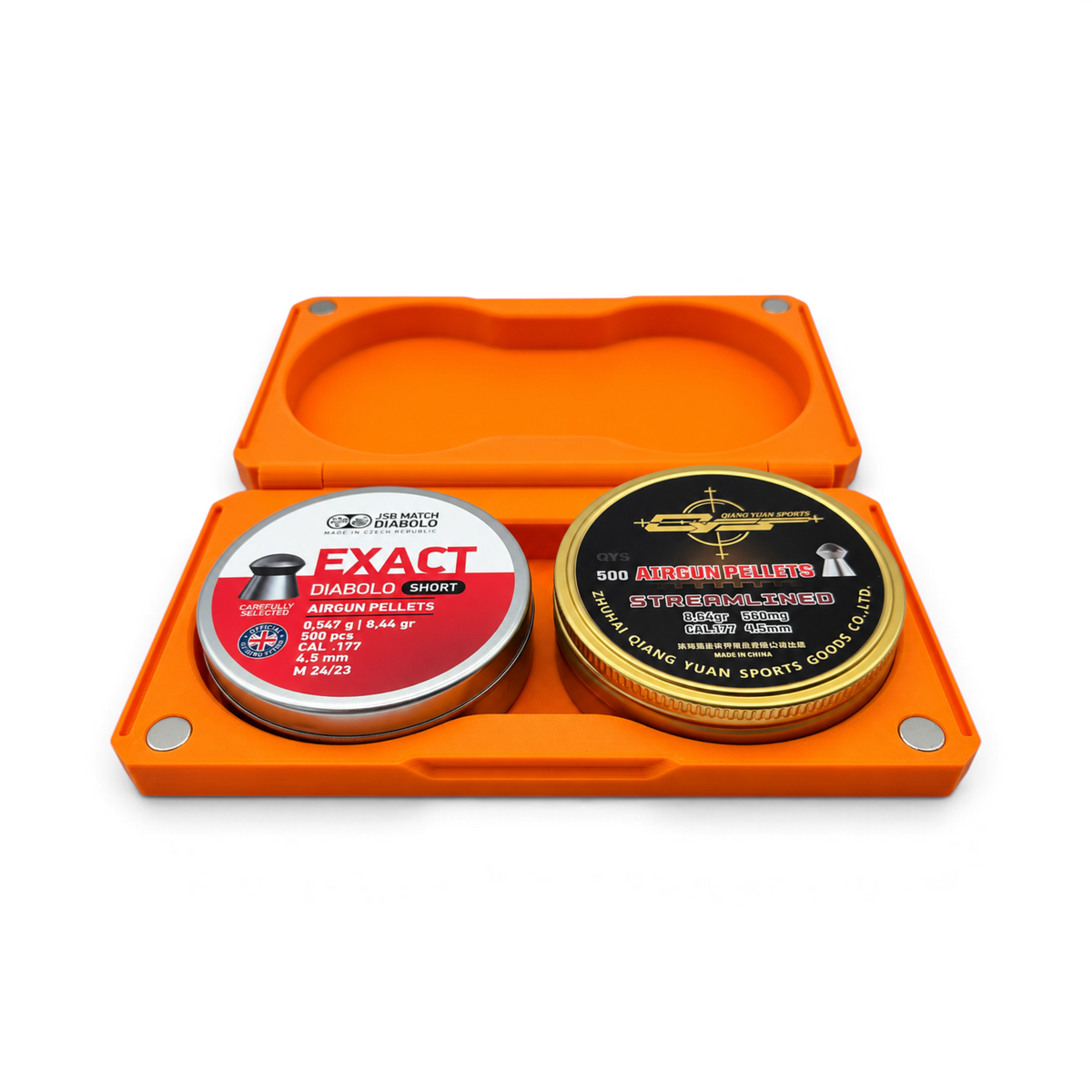 Orange open pellet tin case holding two round pellet tins