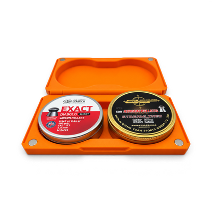 Orange open pellet tin case holding two round pellet tins