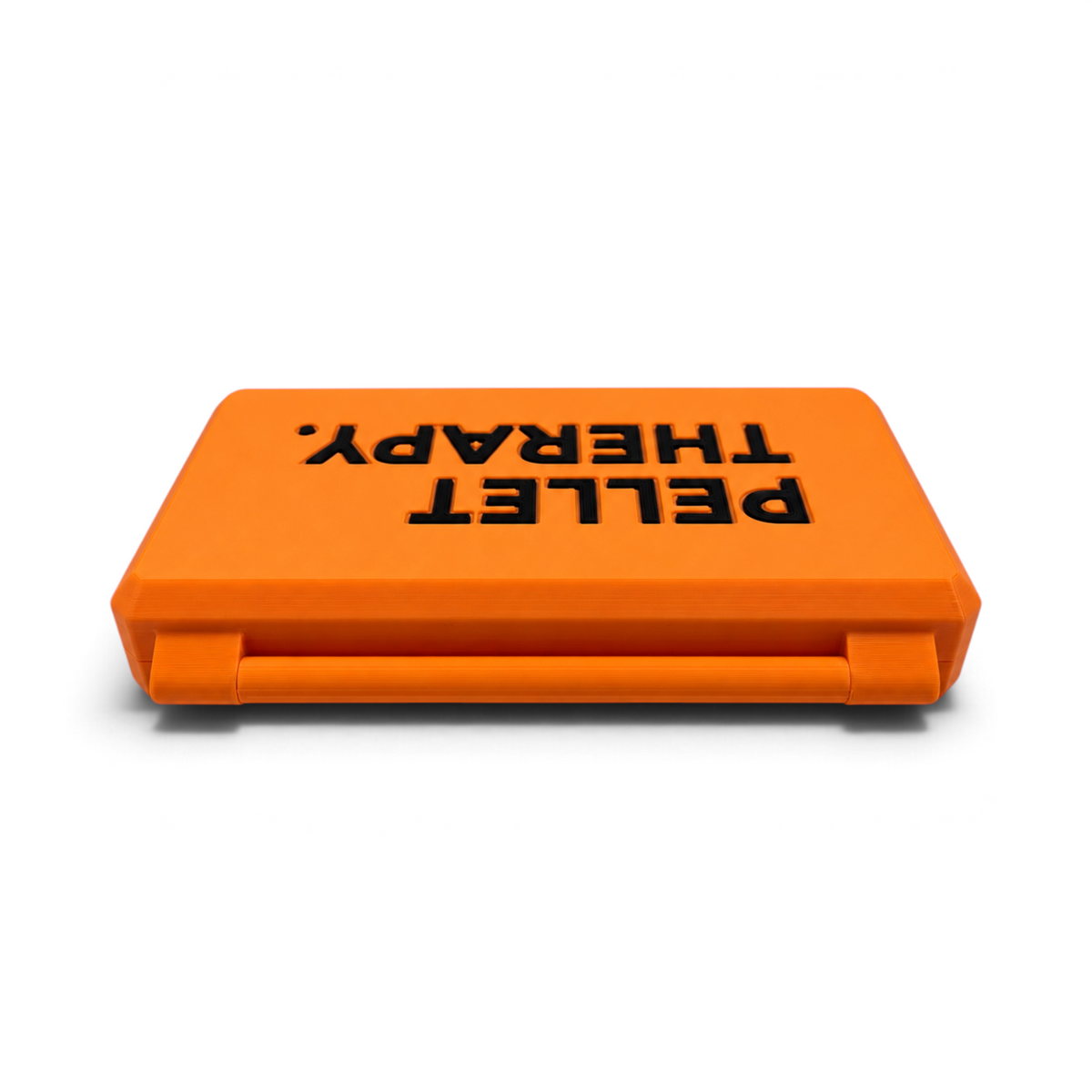 Orange pellet tin storage case bottom with printed text