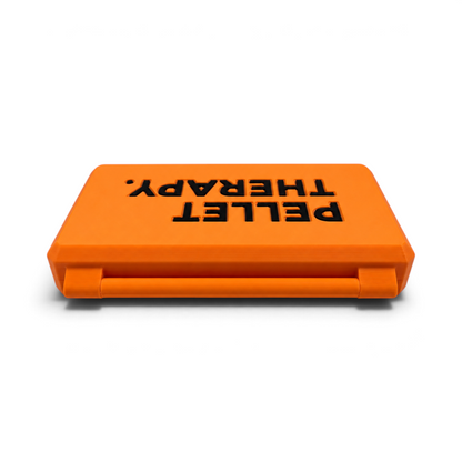 Orange pellet tin storage case bottom with printed text