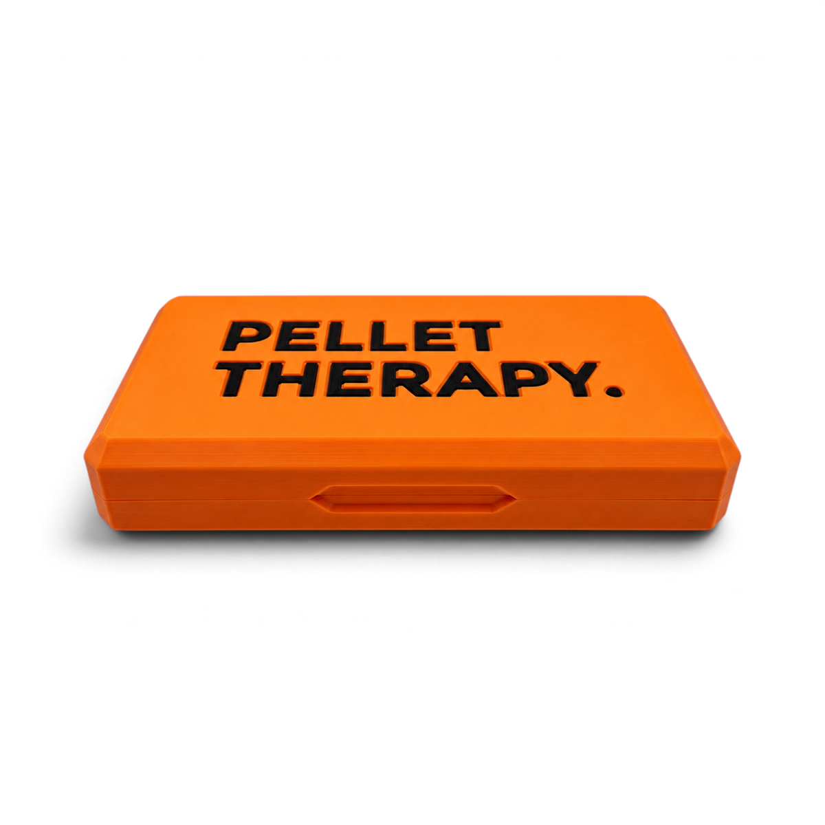 Orange pellet tin storage case with Pellet Therapy logo on the lid