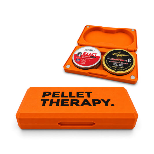 Orange pellet storage case with magnetic closure, molded compartments, and bold black lettering