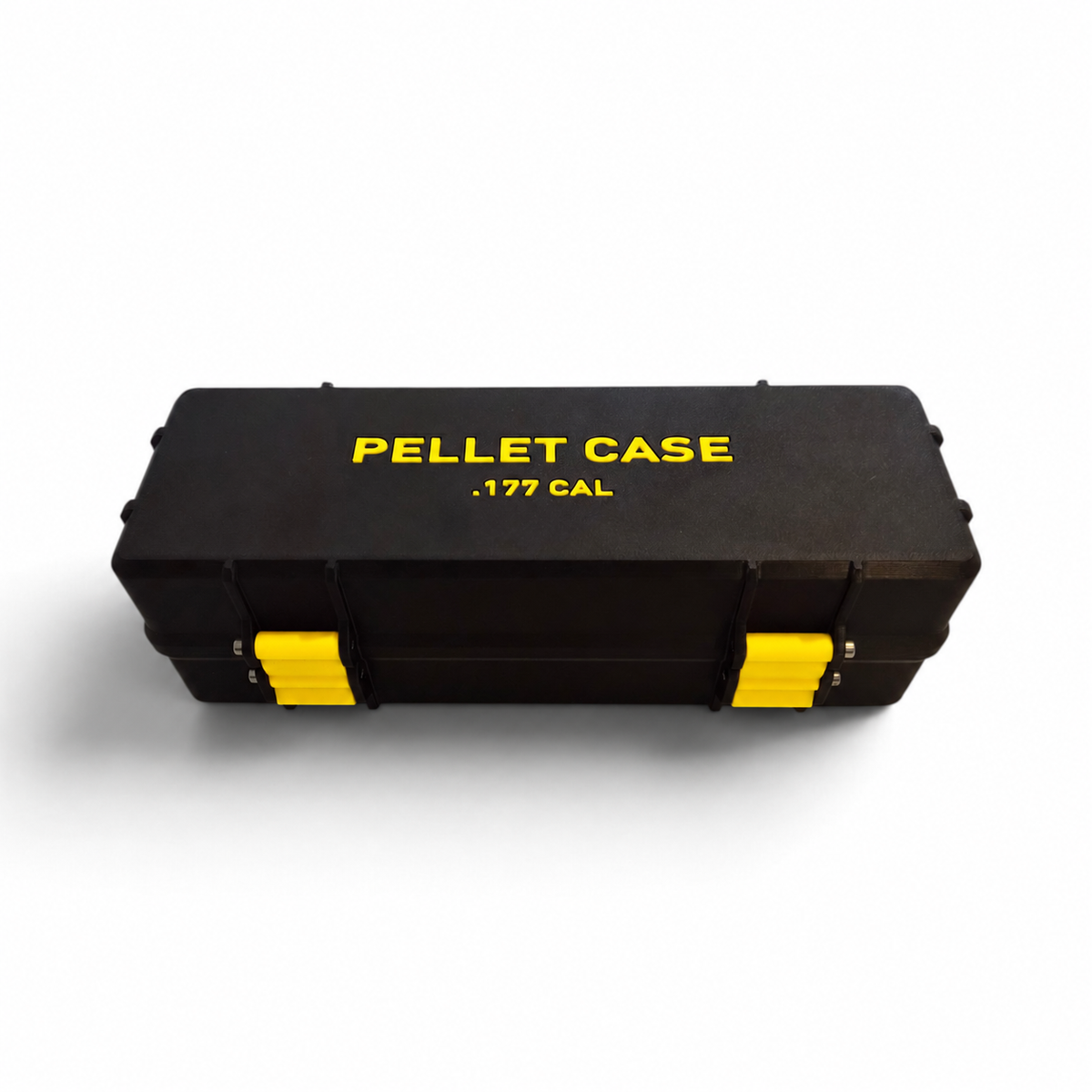 Black pellet storage case with yellow inserts and yellow “PELLET CASE .177 CAL” label
