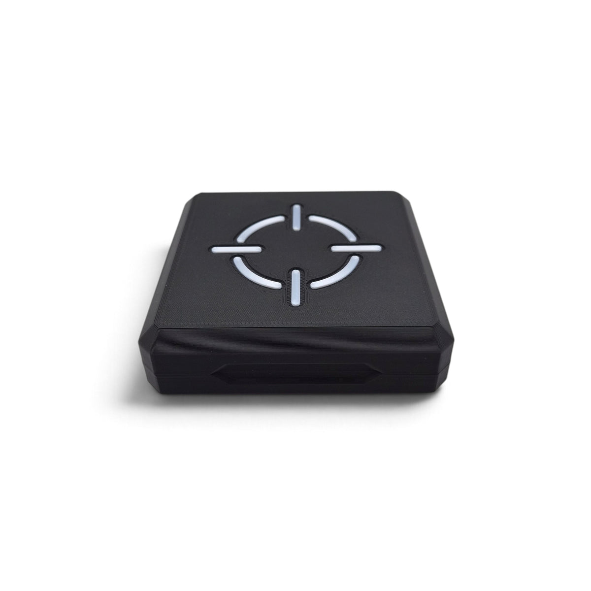 Black magazine and fill probe storage case with white crosshair icon on lid