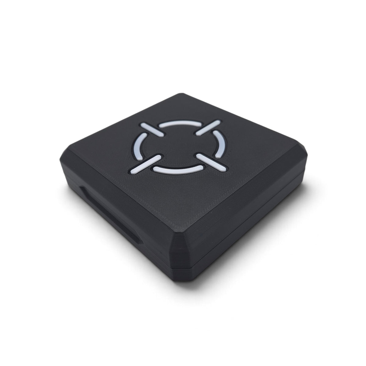Black storage case with smiling crosshair emblem on textured lid