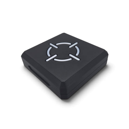Black storage case with smiling crosshair emblem on textured lid