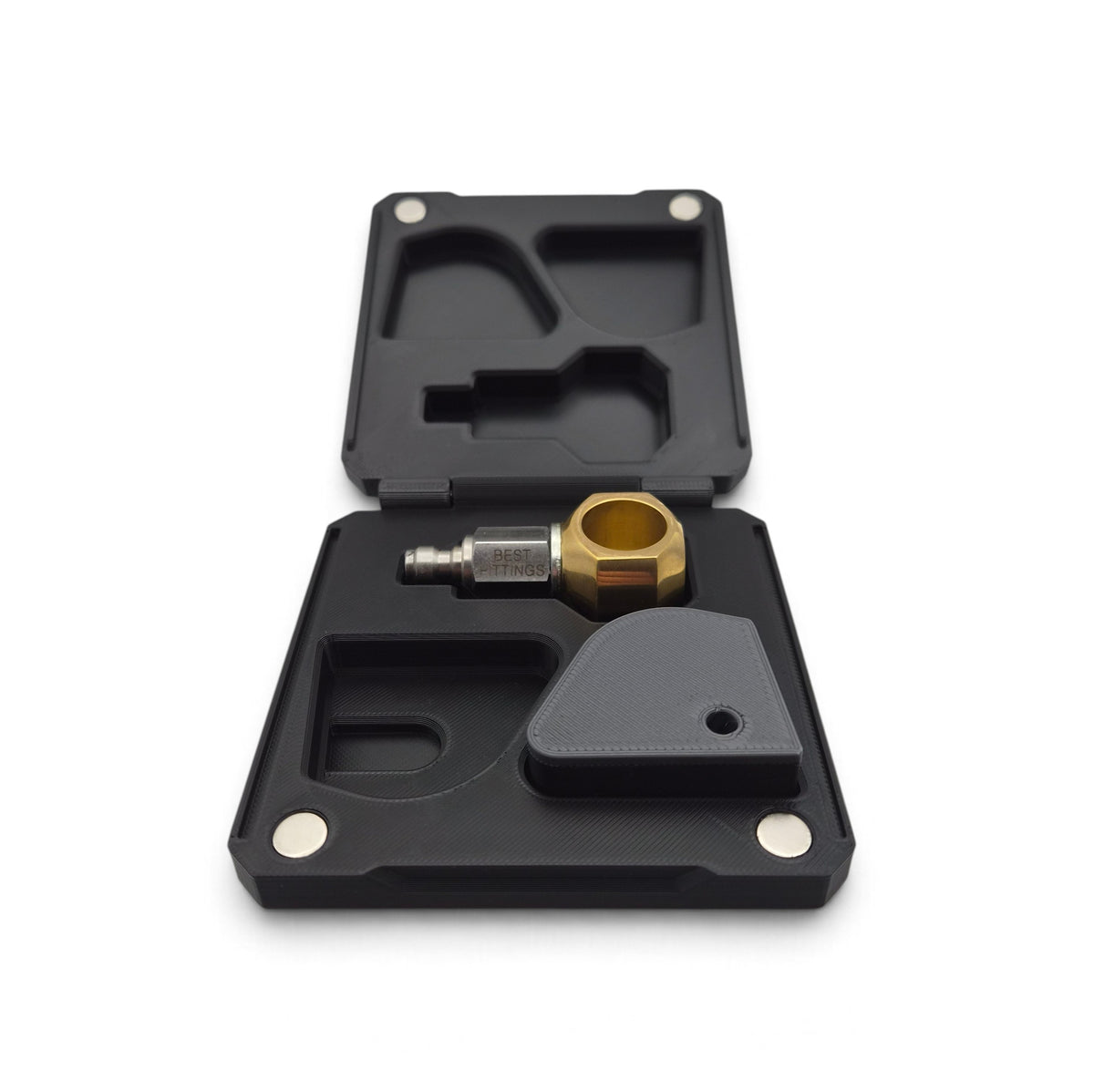 Black storage case open with brass fill probe and foam insert with side compartments