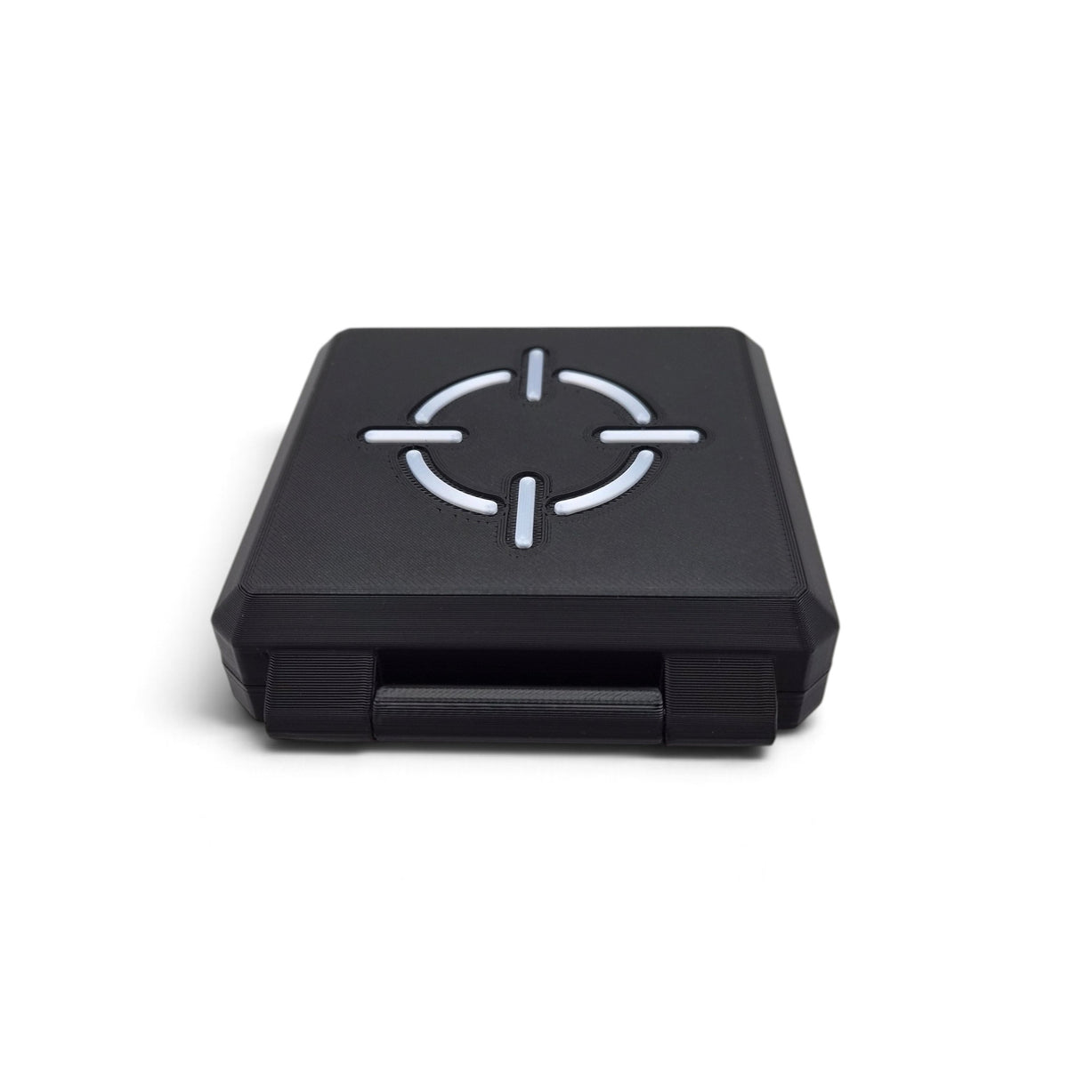 Black storage case with white crosshair icon and built-in fold-down holder