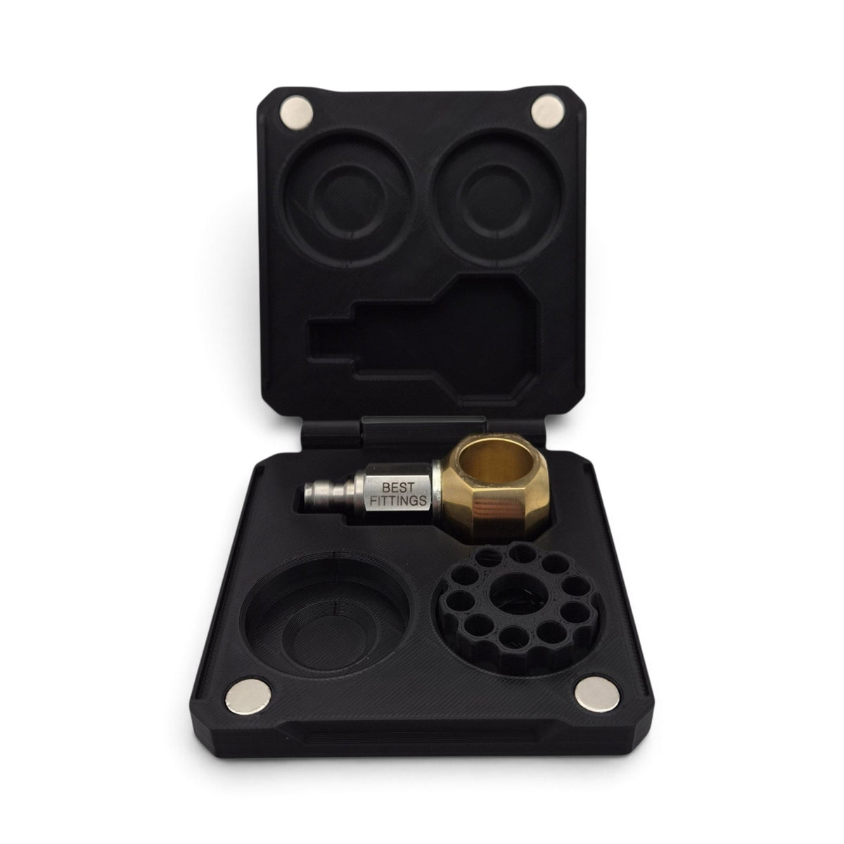 Air Arms magazine and fill probe storage case, open with probe, brass part, and foam compartments