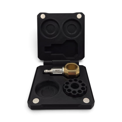 Air Arms magazine and fill probe storage case, open with probe, brass part, and foam compartments