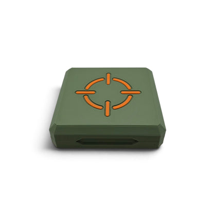 Olive green storage case with an orange crosshair emblem and front opening