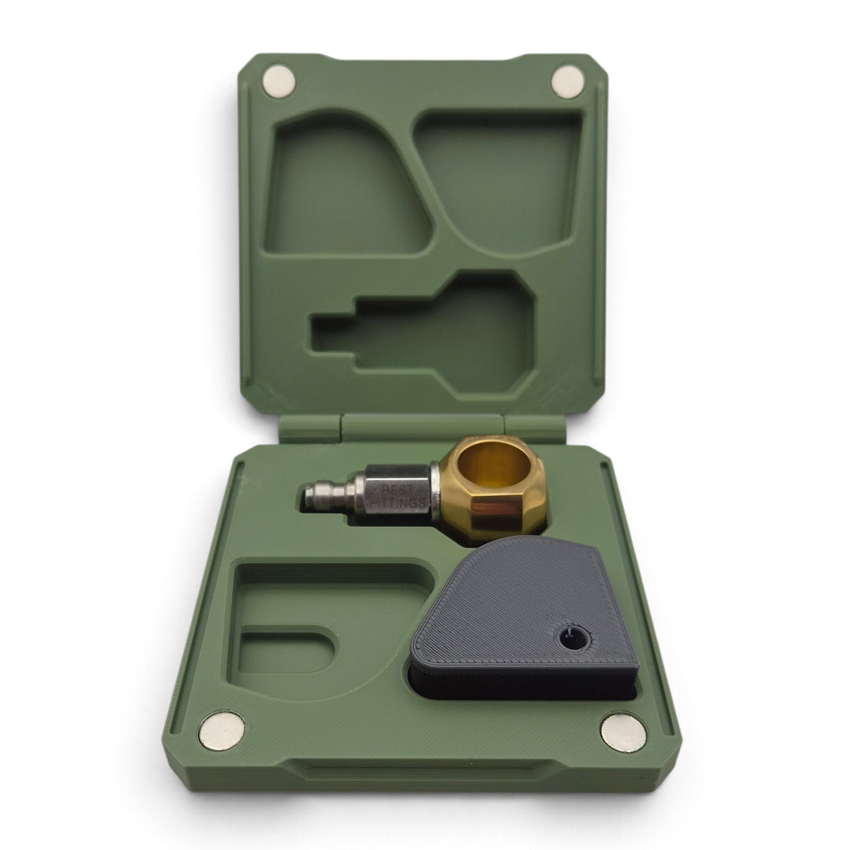 Olive green storage case open with fill probe, foam compartments, and strap tab
